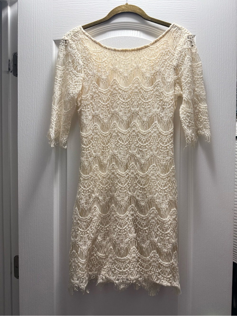 Women's Cream Lace Shift Dress - Elegant Crochet Detail